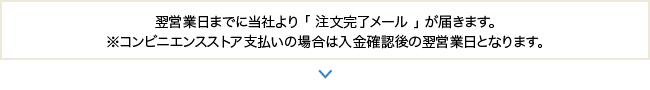 翌営業日までに当社より「注文完了メール」が届きます。※コンビニエンスストア支払の場合は入金確認後の翌営業日となります。